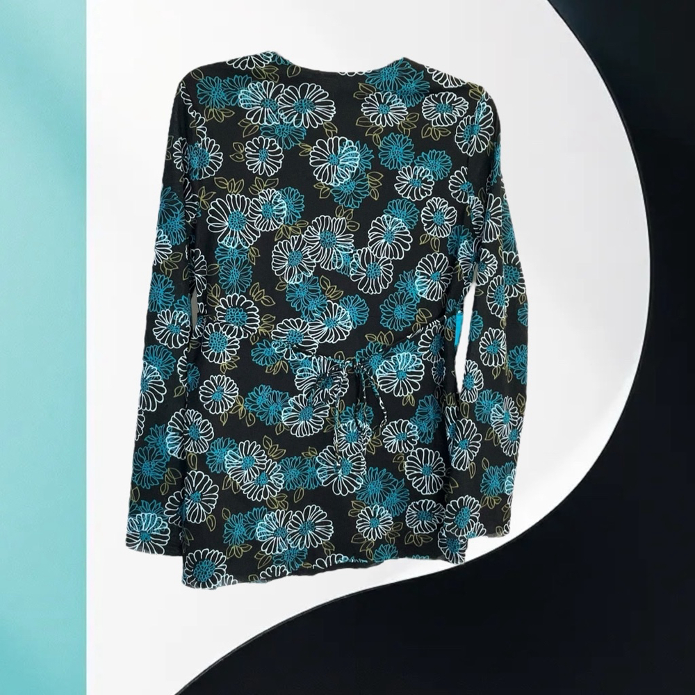 Unbranded Black Gold Dark Dusty Blue White Floral Lined Peplum Tie Blouse Wm Lg - Picture 3 of 6